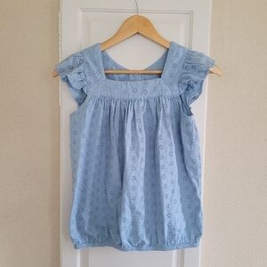 Lands' End Light Blue Eyelet Flutter Sleeve Blouse Shirt Top Size XL 14-16